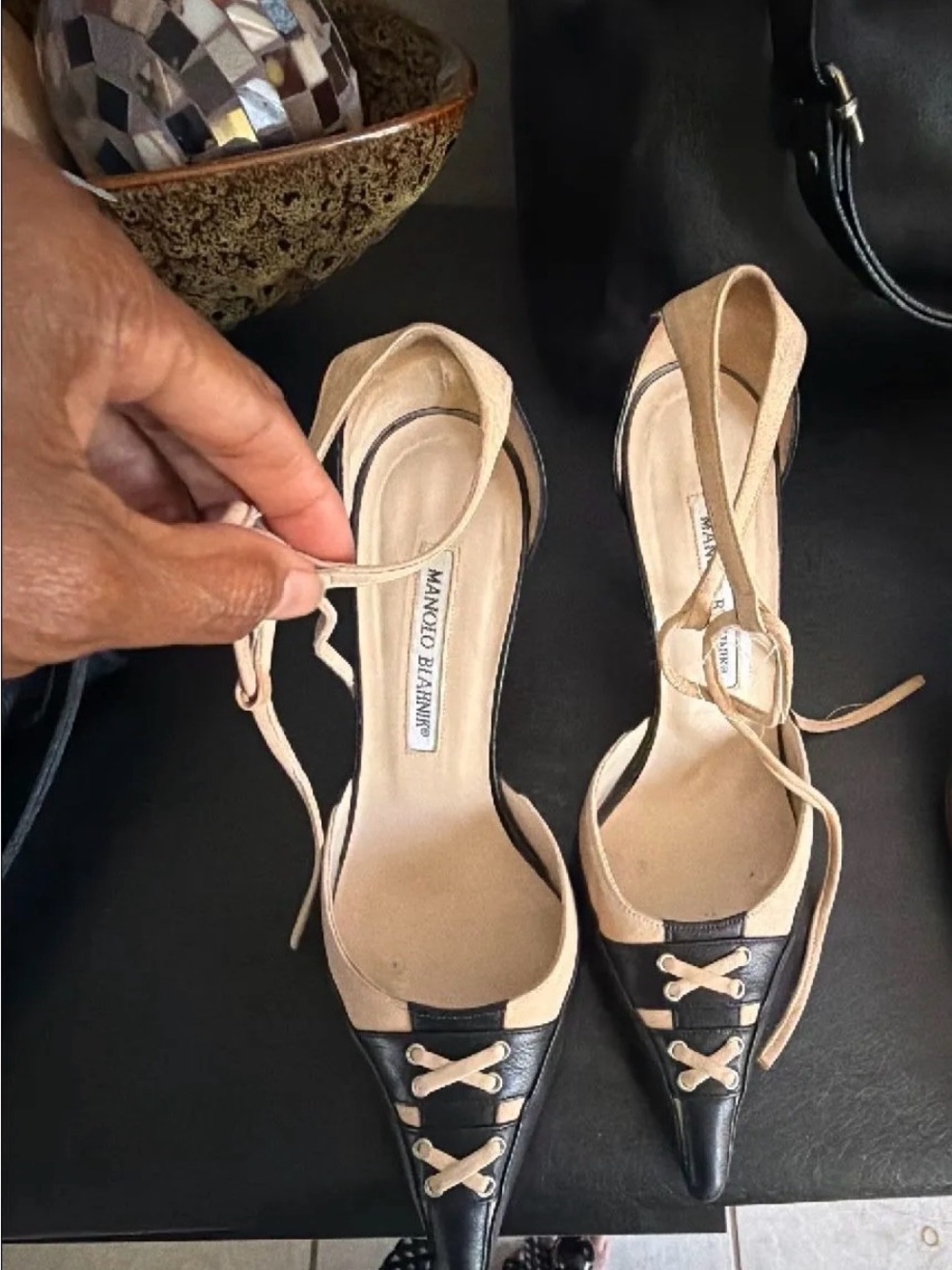 Manolo Blahnik Beige and Black Pointed Lace-Up Slingbacks